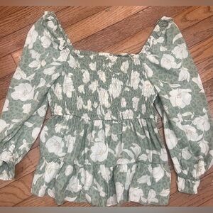 Mine Green Floral Smocked Blouse M NWT